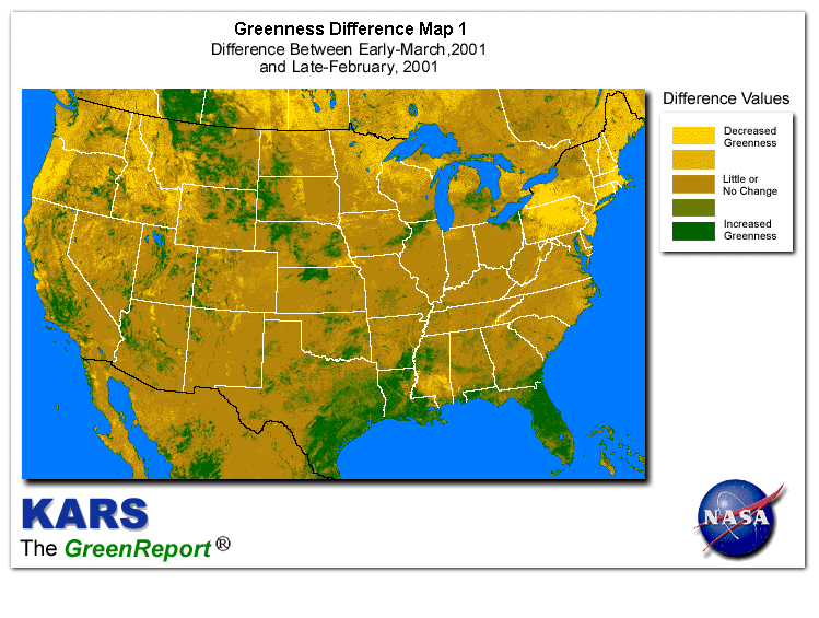 Color-coded U.S. vegetation greeness index map for Period 11 of 2001, illustrating spatial variations in plant vigor, with greener tones indicating higher biomass and browner tones indicating stressed vegetation,
              comparing current crop/vegetation change in biomass to the previous week within the same year.