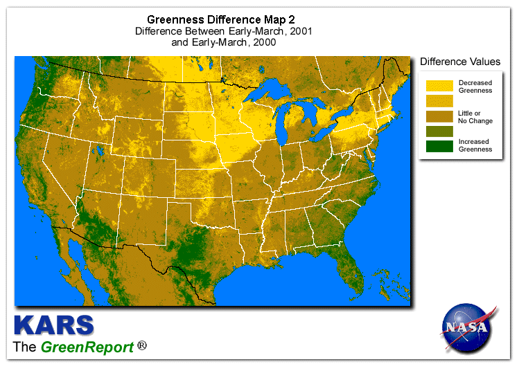 Color-coded U.S. vegetation greeness index map for Period 11 of 2001, illustrating spatial variations in plant vigor, with greener tones indicating higher biomass and browner tones indicating stressed vegetation,
              comparing current crop/vegetation change in biomass to same period from the previous year.