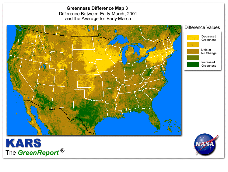 Color-coded U.S. vegetation greeness index map for Period 11 of 2001, illustrating spatial variations in plant vigor, with greener tones indicating higher biomass and browner tones indicating stressed vegetation,
              comparing current crop/vegetation change in biomass to the 20-year greenness average.