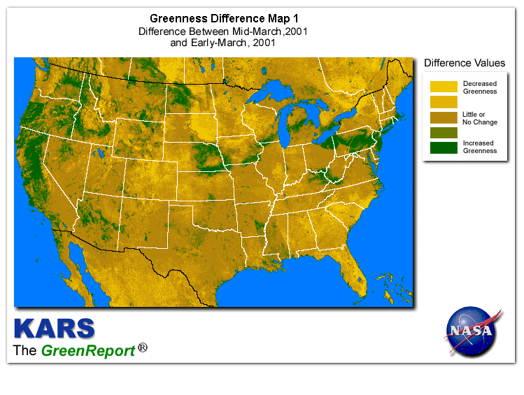 Color-coded U.S. vegetation greeness index map for Period 12 of 2001, illustrating spatial variations in plant vigor, with greener tones indicating higher biomass and browner tones indicating stressed vegetation,
              comparing current crop/vegetation change in biomass to the previous week within the same year.
