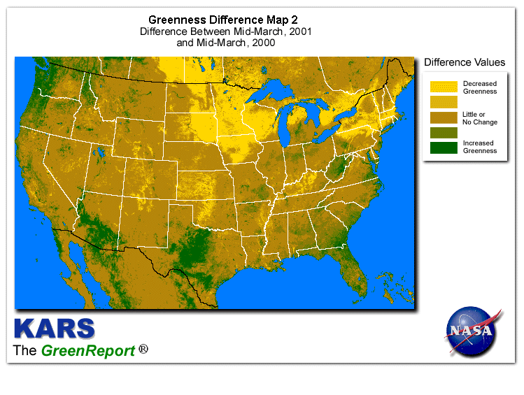 Color-coded U.S. vegetation greeness index map for Period 12 of 2001, illustrating spatial variations in plant vigor, with greener tones indicating higher biomass and browner tones indicating stressed vegetation,
              comparing current crop/vegetation change in biomass to same period from the previous year.
