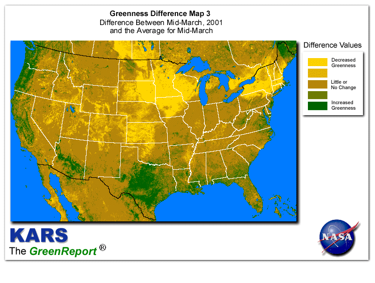 Color-coded U.S. vegetation greeness index map for Period 12 of 2001, illustrating spatial variations in plant vigor, with greener tones indicating higher biomass and browner tones indicating stressed vegetation,
              comparing current crop/vegetation change in biomass to the 20-year greenness average.