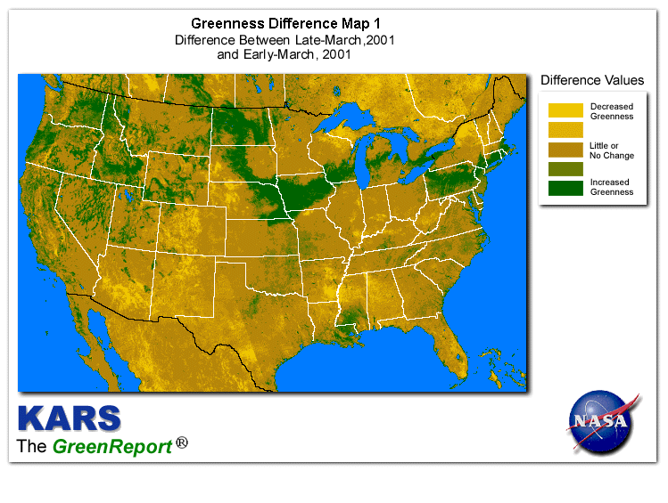 Color-coded U.S. vegetation greeness index map for Period 13 of 2001, illustrating spatial variations in plant vigor, with greener tones indicating higher biomass and browner tones indicating stressed vegetation,
              comparing current crop/vegetation change in biomass to the previous week within the same year.