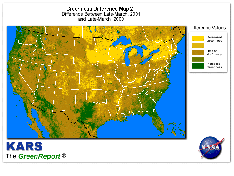 Color-coded U.S. vegetation greeness index map for Period 13 of 2001, illustrating spatial variations in plant vigor, with greener tones indicating higher biomass and browner tones indicating stressed vegetation,
              comparing current crop/vegetation change in biomass to same period from the previous year.