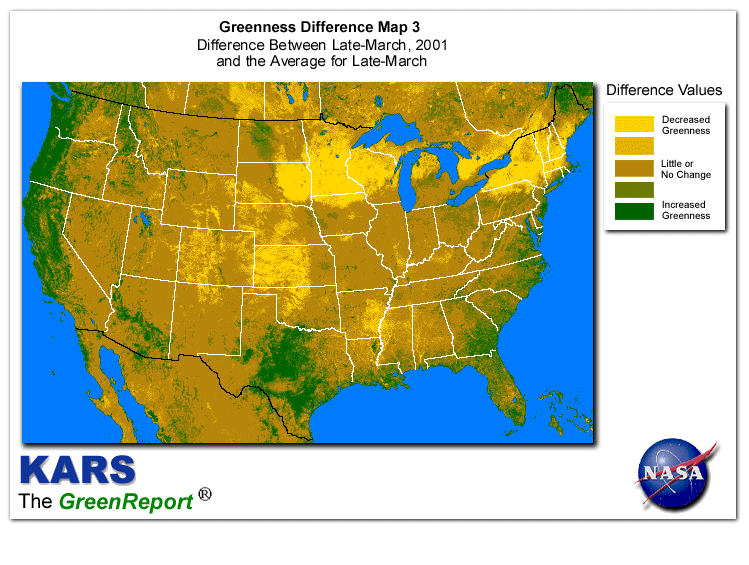 Color-coded U.S. vegetation greeness index map for Period 13 of 2001, illustrating spatial variations in plant vigor, with greener tones indicating higher biomass and browner tones indicating stressed vegetation,
              comparing current crop/vegetation change in biomass to the 20-year greenness average.