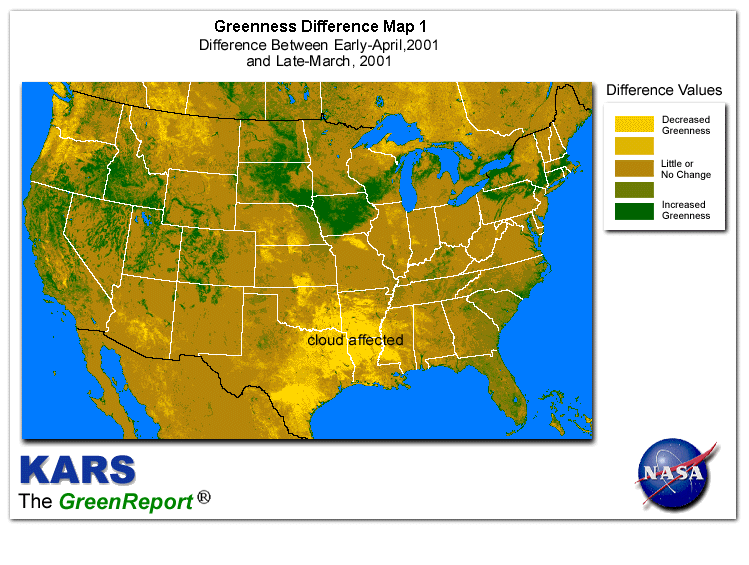 Color-coded U.S. vegetation greeness index map for Period 14 of 2001, illustrating spatial variations in plant vigor, with greener tones indicating higher biomass and browner tones indicating stressed vegetation,
              comparing current crop/vegetation change in biomass to the previous week within the same year.
