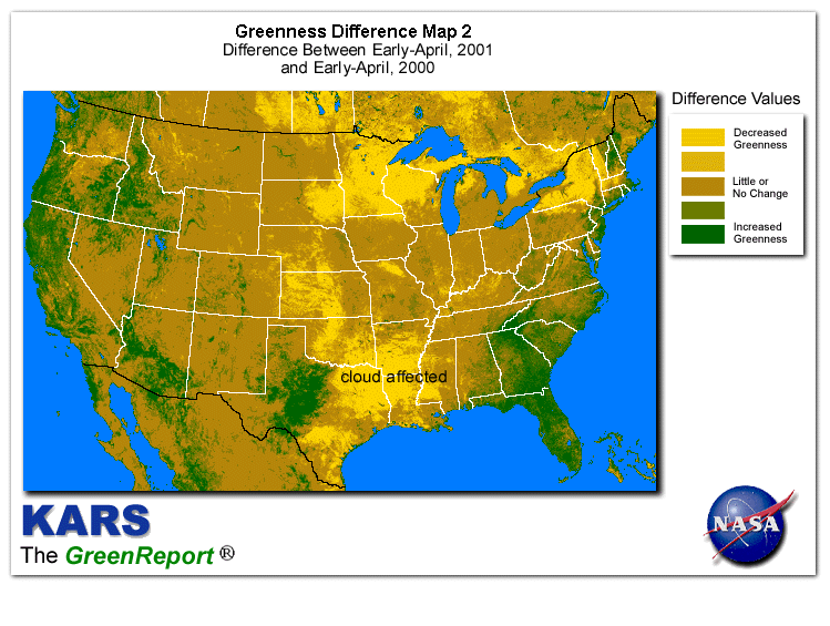 Color-coded U.S. vegetation greeness index map for Period 14 of 2001, illustrating spatial variations in plant vigor, with greener tones indicating higher biomass and browner tones indicating stressed vegetation,
              comparing current crop/vegetation change in biomass to same period from the previous year.