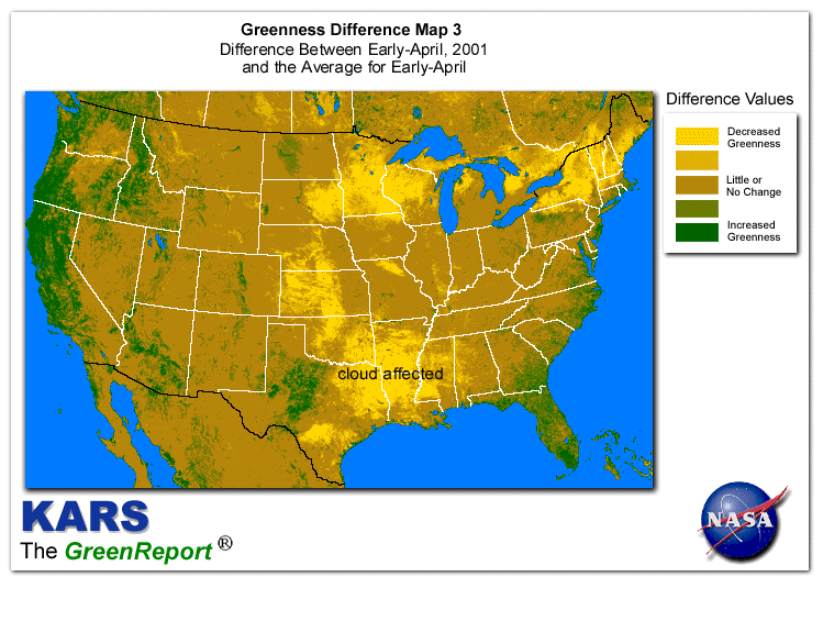 Color-coded U.S. vegetation greeness index map for Period 14 of 2001, illustrating spatial variations in plant vigor, with greener tones indicating higher biomass and browner tones indicating stressed vegetation,
              comparing current crop/vegetation change in biomass to the 20-year greenness average.