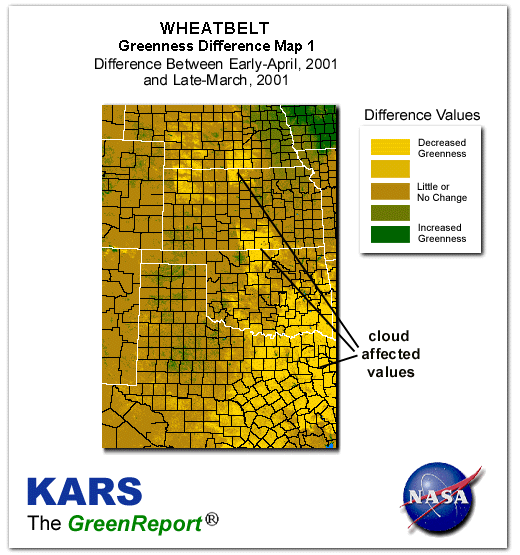 Color-coded Wheat Belt vegetation greeness index map for Period 14 of 2001, illustrating spatial variations in plant vigor, with greener tones indicating higher biomass and browner tones indicating stressed vegetation,
              comparing current crop/vegetation change in biomass to the previous week within the same year.