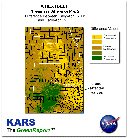 Color-coded Wheat Belt vegetation greeness index map for Period 14 of 2001, illustrating spatial variations in plant vigor, with greener tones indicating higher biomass and browner tones indicating stressed vegetation,
              comparing current crop/vegetation change in biomass to same period from the previous year.