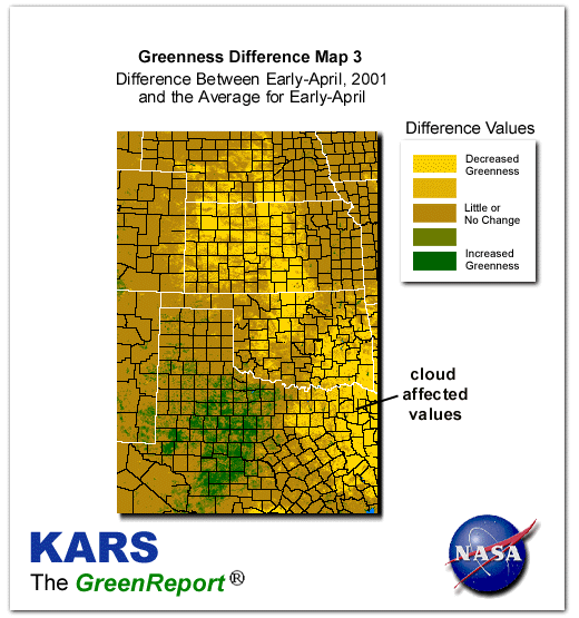 Color-coded Wheat Belt vegetation greeness index map for Period 14 of 2001, illustrating spatial variations in plant vigor, with greener tones indicating higher biomass and browner tones indicating stressed vegetation,
              comparing current crop/vegetation change in biomass to the 20-year greenness average.
