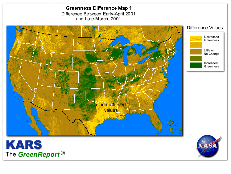 Color-coded U.S. vegetation greeness index map for Period 15 of 2001, illustrating spatial variations in plant vigor, with greener tones indicating higher biomass and browner tones indicating stressed vegetation,
              comparing current crop/vegetation change in biomass to the previous week within the same year.
