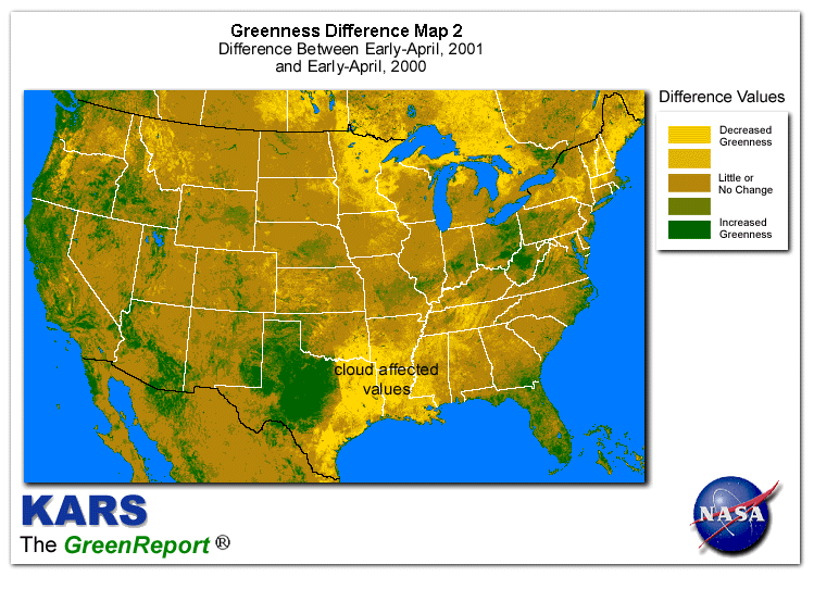 Color-coded U.S. vegetation greeness index map for Period 15 of 2001, illustrating spatial variations in plant vigor, with greener tones indicating higher biomass and browner tones indicating stressed vegetation,
              comparing current crop/vegetation change in biomass to same period from the previous year.