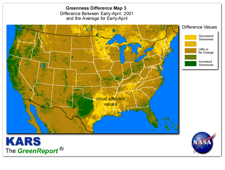 Color-coded U.S. vegetation greeness index map for Period 15 of 2001, illustrating spatial variations in plant vigor, with greener tones indicating higher biomass and browner tones indicating stressed vegetation,
              comparing current crop/vegetation change in biomass to the 20-year greenness average.