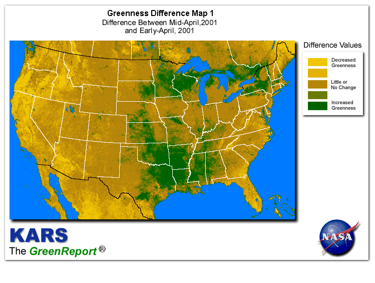 Color-coded U.S. vegetation greeness index map for Period 16 of 2001, illustrating spatial variations in plant vigor, with greener tones indicating higher biomass and browner tones indicating stressed vegetation,
              comparing current crop/vegetation change in biomass to the previous week within the same year.