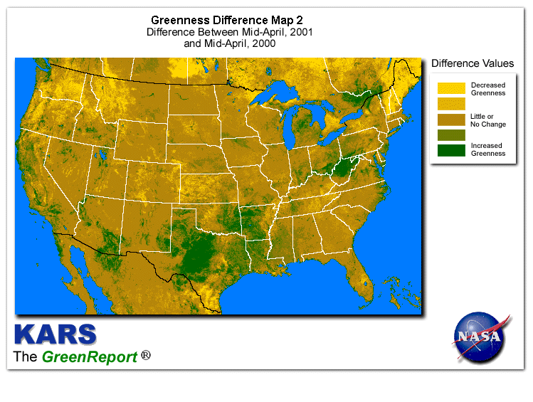 Color-coded U.S. vegetation greeness index map for Period 16 of 2001, illustrating spatial variations in plant vigor, with greener tones indicating higher biomass and browner tones indicating stressed vegetation,
              comparing current crop/vegetation change in biomass to same period from the previous year.
