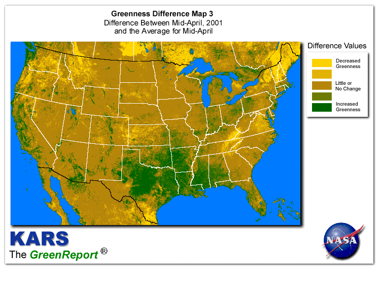 Color-coded U.S. vegetation greeness index map for Period 16 of 2001, illustrating spatial variations in plant vigor, with greener tones indicating higher biomass and browner tones indicating stressed vegetation,
              comparing current crop/vegetation change in biomass to the 20-year greenness average.