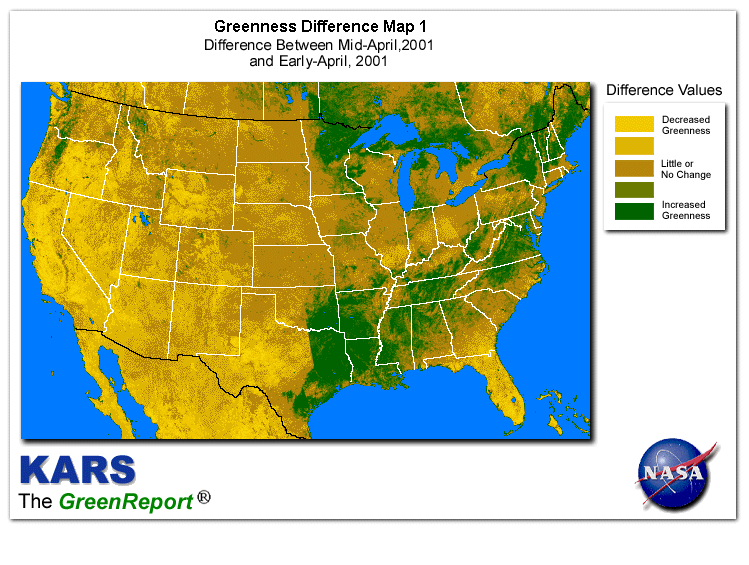 Color-coded U.S. vegetation greeness index map for Period 17 of 2001, illustrating spatial variations in plant vigor, with greener tones indicating higher biomass and browner tones indicating stressed vegetation,
              comparing current crop/vegetation change in biomass to the previous week within the same year.