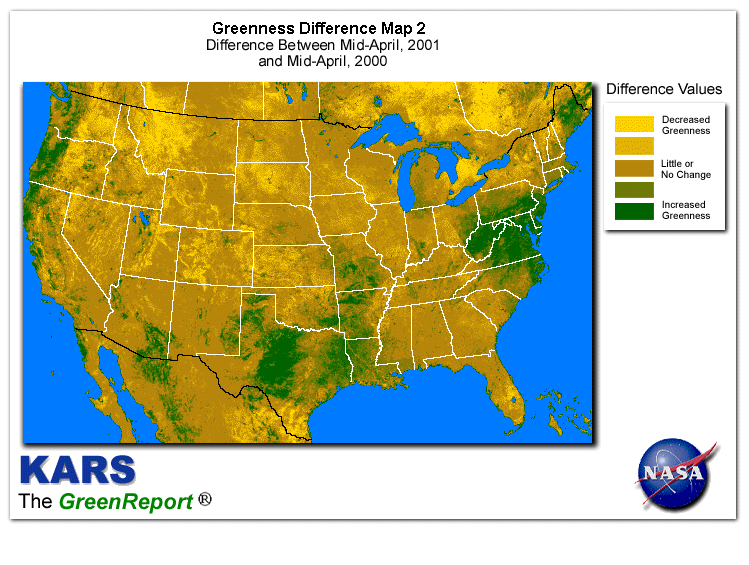 Color-coded U.S. vegetation greeness index map for Period 17 of 2001, illustrating spatial variations in plant vigor, with greener tones indicating higher biomass and browner tones indicating stressed vegetation,
              comparing current crop/vegetation change in biomass to same period from the previous year.