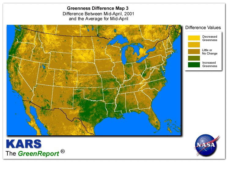 Color-coded U.S. vegetation greeness index map for Period 17 of 2001, illustrating spatial variations in plant vigor, with greener tones indicating higher biomass and browner tones indicating stressed vegetation,
              comparing current crop/vegetation change in biomass to the 20-year greenness average.