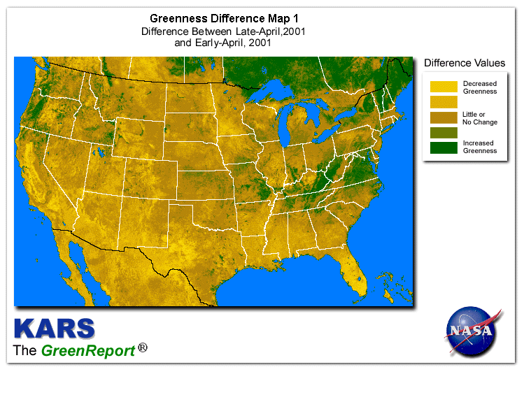 Color-coded U.S. vegetation greeness index map for Period 18 of 2001, illustrating spatial variations in plant vigor, with greener tones indicating higher biomass and browner tones indicating stressed vegetation,
              comparing current crop/vegetation change in biomass to the previous week within the same year.