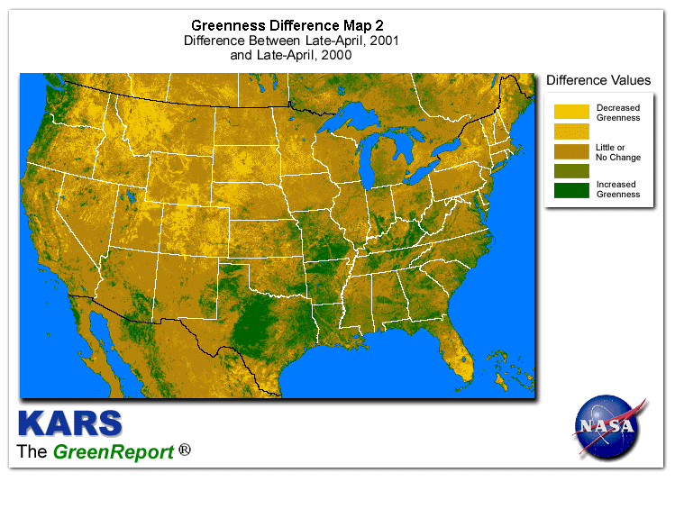 Color-coded U.S. vegetation greeness index map for Period 18 of 2001, illustrating spatial variations in plant vigor, with greener tones indicating higher biomass and browner tones indicating stressed vegetation,
              comparing current crop/vegetation change in biomass to same period from the previous year.
