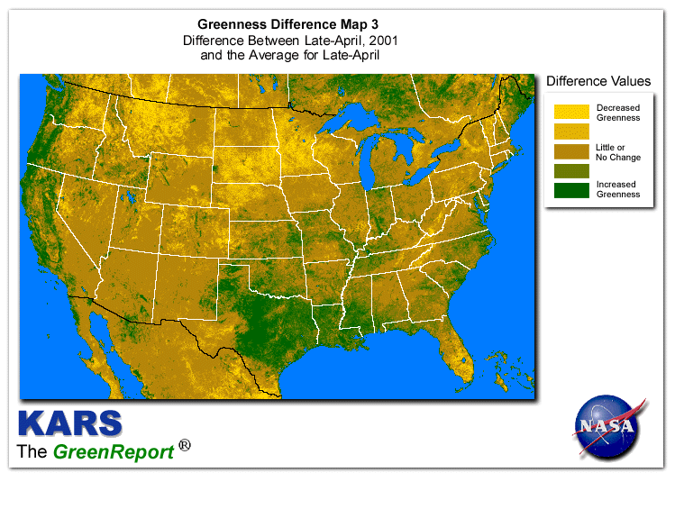 Color-coded U.S. vegetation greeness index map for Period 18 of 2001, illustrating spatial variations in plant vigor, with greener tones indicating higher biomass and browner tones indicating stressed vegetation,
              comparing current crop/vegetation change in biomass to the 20-year greenness average.