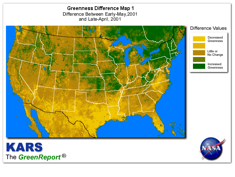 Color-coded U.S. vegetation greeness index map for Period 19 of 2001, illustrating spatial variations in plant vigor, with greener tones indicating higher biomass and browner tones indicating stressed vegetation,
              comparing current crop/vegetation change in biomass to the previous week within the same year.