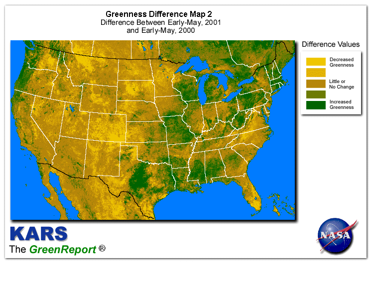 Color-coded U.S. vegetation greeness index map for Period 19 of 2001, illustrating spatial variations in plant vigor, with greener tones indicating higher biomass and browner tones indicating stressed vegetation,
              comparing current crop/vegetation change in biomass to same period from the previous year.