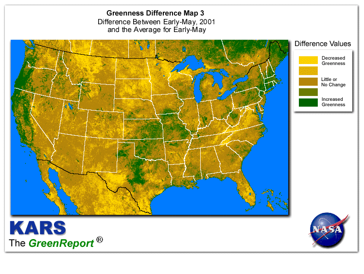 Color-coded U.S. vegetation greeness index map for Period 19 of 2001, illustrating spatial variations in plant vigor, with greener tones indicating higher biomass and browner tones indicating stressed vegetation,
              comparing current crop/vegetation change in biomass to the 20-year greenness average.