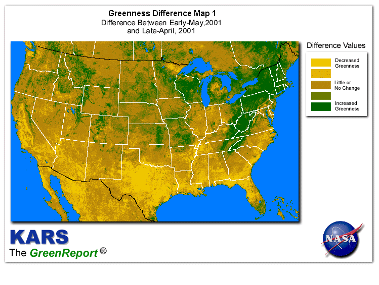 Color-coded U.S. vegetation greeness index map for Period 20 of 2001, illustrating spatial variations in plant vigor, with greener tones indicating higher biomass and browner tones indicating stressed vegetation,
              comparing current crop/vegetation change in biomass to the previous week within the same year.