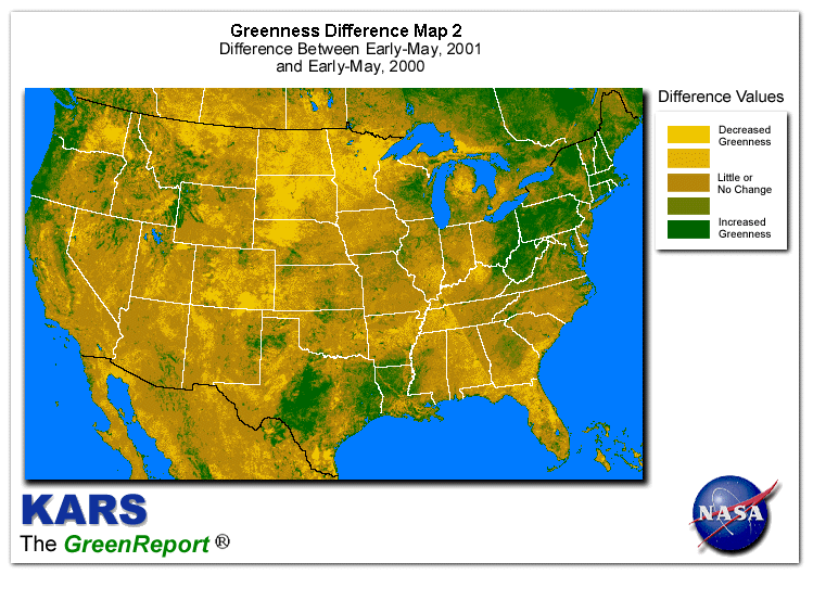 Color-coded U.S. vegetation greeness index map for Period 20 of 2001, illustrating spatial variations in plant vigor, with greener tones indicating higher biomass and browner tones indicating stressed vegetation,
              comparing current crop/vegetation change in biomass to same period from the previous year.