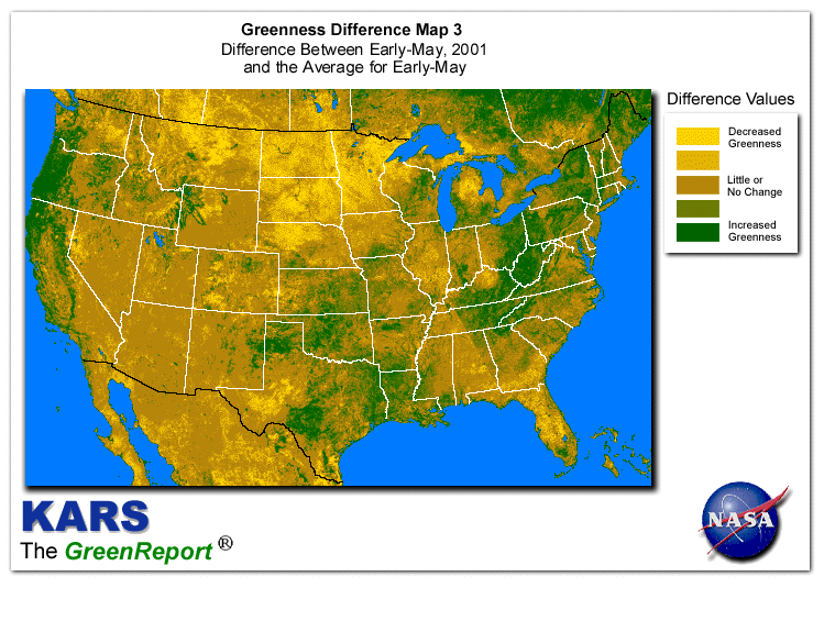 Color-coded U.S. vegetation greeness index map for Period 20 of 2001, illustrating spatial variations in plant vigor, with greener tones indicating higher biomass and browner tones indicating stressed vegetation,
              comparing current crop/vegetation change in biomass to the 20-year greenness average.