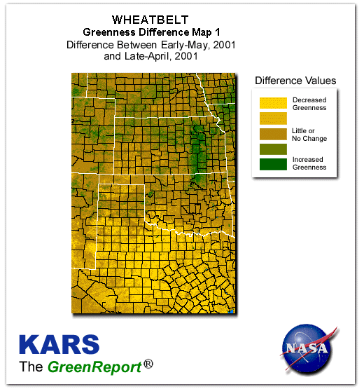 Color-coded Wheat Belt vegetation greeness index map for Period 20 of 2001, illustrating spatial variations in plant vigor, with greener tones indicating higher biomass and browner tones indicating stressed vegetation,
              comparing current crop/vegetation change in biomass to the previous week within the same year.