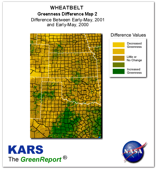 Color-coded Wheat Belt vegetation greeness index map for Period 20 of 2001, illustrating spatial variations in plant vigor, with greener tones indicating higher biomass and browner tones indicating stressed vegetation,
              comparing current crop/vegetation change in biomass to same period from the previous year.