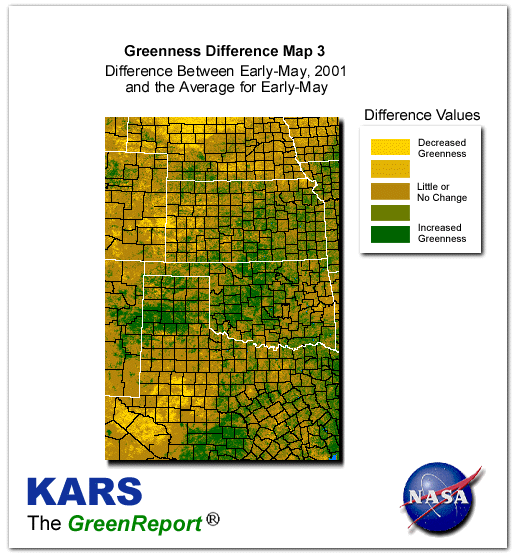 Color-coded Wheat Belt vegetation greeness index map for Period 20 of 2001, illustrating spatial variations in plant vigor, with greener tones indicating higher biomass and browner tones indicating stressed vegetation,
              comparing current crop/vegetation change in biomass to the 20-year greenness average.