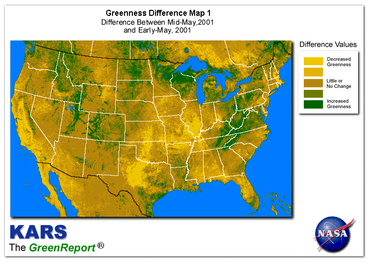 Color-coded U.S. vegetation greeness index map for Period 21 of 2001, illustrating spatial variations in plant vigor, with greener tones indicating higher biomass and browner tones indicating stressed vegetation,
              comparing current crop/vegetation change in biomass to the previous week within the same year.
