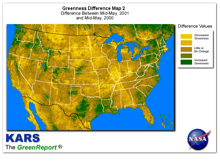 Color-coded U.S. vegetation greeness index map for Period 21 of 2001, illustrating spatial variations in plant vigor, with greener tones indicating higher biomass and browner tones indicating stressed vegetation,
              comparing current crop/vegetation change in biomass to same period from the previous year.