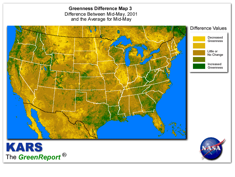 Color-coded U.S. vegetation greeness index map for Period 21 of 2001, illustrating spatial variations in plant vigor, with greener tones indicating higher biomass and browner tones indicating stressed vegetation,
              comparing current crop/vegetation change in biomass to the 20-year greenness average.