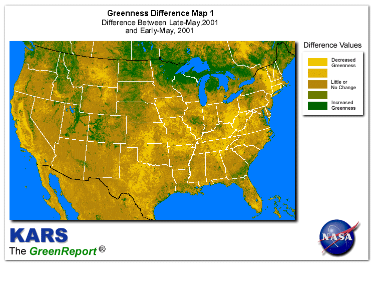 Color-coded U.S. vegetation greeness index map for Period 22 of 2001, illustrating spatial variations in plant vigor, with greener tones indicating higher biomass and browner tones indicating stressed vegetation,
              comparing current crop/vegetation change in biomass to the previous week within the same year.