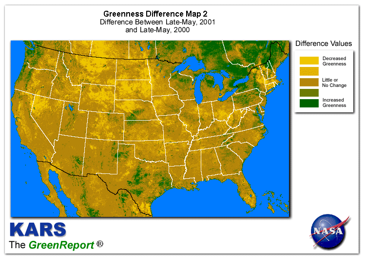 Color-coded U.S. vegetation greeness index map for Period 22 of 2001, illustrating spatial variations in plant vigor, with greener tones indicating higher biomass and browner tones indicating stressed vegetation,
              comparing current crop/vegetation change in biomass to same period from the previous year.