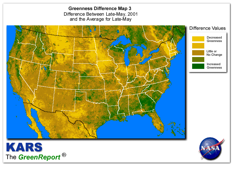 Color-coded U.S. vegetation greeness index map for Period 22 of 2001, illustrating spatial variations in plant vigor, with greener tones indicating higher biomass and browner tones indicating stressed vegetation,
              comparing current crop/vegetation change in biomass to the 20-year greenness average.