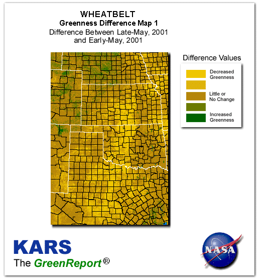 Color-coded Wheat Belt vegetation greeness index map for Period 22 of 2001, illustrating spatial variations in plant vigor, with greener tones indicating higher biomass and browner tones indicating stressed vegetation,
              comparing current crop/vegetation change in biomass to the previous week within the same year.