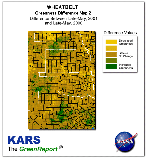 Color-coded Wheat Belt vegetation greeness index map for Period 22 of 2001, illustrating spatial variations in plant vigor, with greener tones indicating higher biomass and browner tones indicating stressed vegetation,
              comparing current crop/vegetation change in biomass to same period from the previous year.