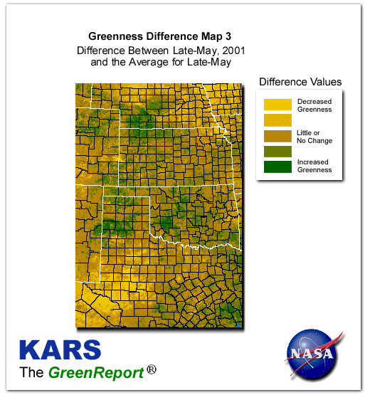 Color-coded Wheat Belt vegetation greeness index map for Period 22 of 2001, illustrating spatial variations in plant vigor, with greener tones indicating higher biomass and browner tones indicating stressed vegetation,
              comparing current crop/vegetation change in biomass to the 20-year greenness average.