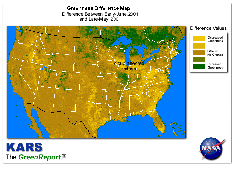 Color-coded U.S. vegetation greeness index map for Period 23 of 2001, illustrating spatial variations in plant vigor, with greener tones indicating higher biomass and browner tones indicating stressed vegetation,
              comparing current crop/vegetation change in biomass to the previous week within the same year.