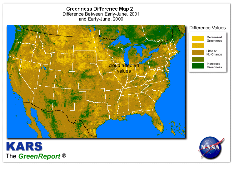 Color-coded U.S. vegetation greeness index map for Period 23 of 2001, illustrating spatial variations in plant vigor, with greener tones indicating higher biomass and browner tones indicating stressed vegetation,
              comparing current crop/vegetation change in biomass to same period from the previous year.