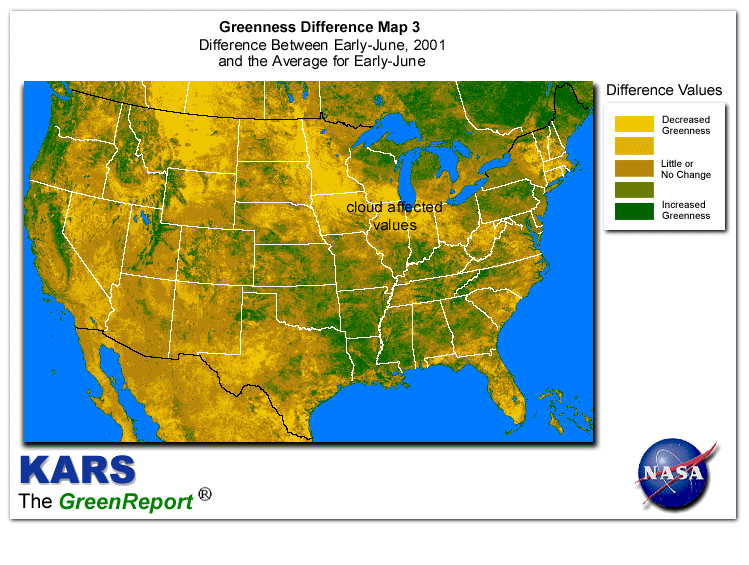 Color-coded U.S. vegetation greeness index map for Period 23 of 2001, illustrating spatial variations in plant vigor, with greener tones indicating higher biomass and browner tones indicating stressed vegetation,
              comparing current crop/vegetation change in biomass to the 20-year greenness average.
