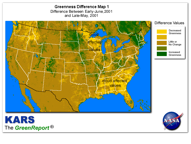 Color-coded U.S. vegetation greeness index map for Period 24 of 2001, illustrating spatial variations in plant vigor, with greener tones indicating higher biomass and browner tones indicating stressed vegetation,
              comparing current crop/vegetation change in biomass to the previous week within the same year.
