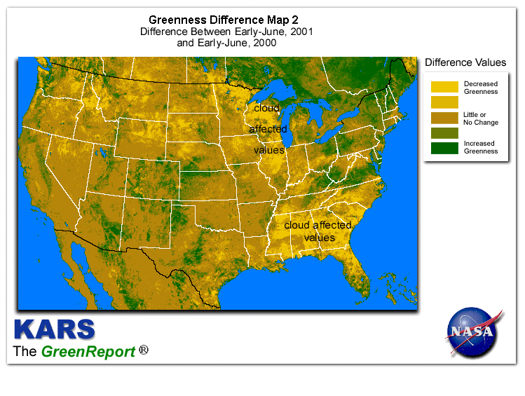 Color-coded U.S. vegetation greeness index map for Period 24 of 2001, illustrating spatial variations in plant vigor, with greener tones indicating higher biomass and browner tones indicating stressed vegetation,
              comparing current crop/vegetation change in biomass to same period from the previous year.